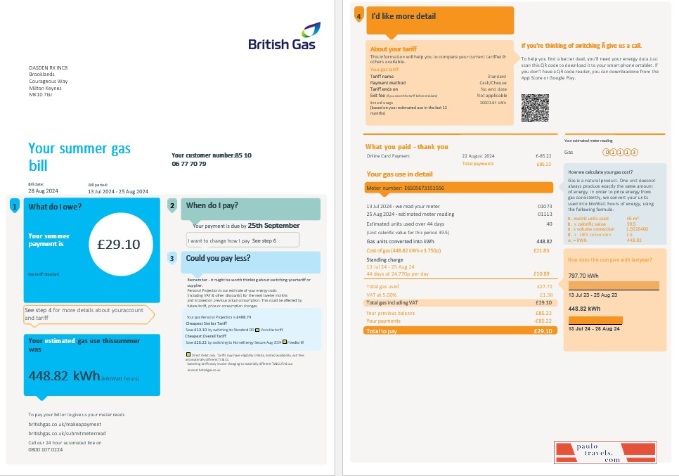 United Kingdom British Gas business utility bill, Word and PDF template, 4 pages 1 2 PSD template